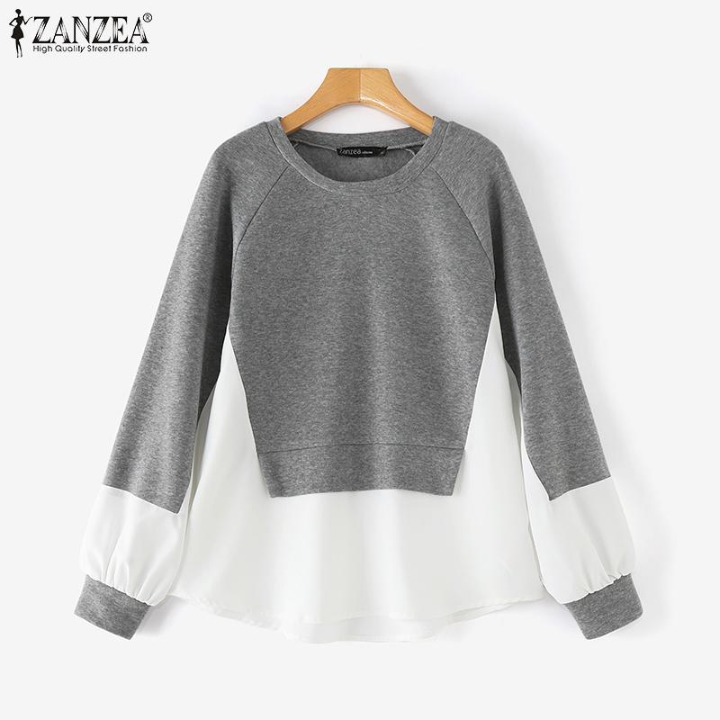 ZANZEA Женские осенние свободные свитера с круглым вырезом и длинным рукавом контрастного цвета