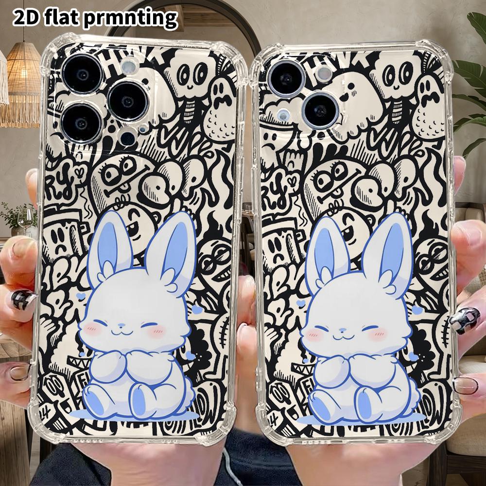 Чехол для телефона: 2D плоский, подходит для iPhone 18 17 16 15 14 13 Pro, прозрачный защитный чехол с четырьмя углами, маленький белый кролик с синими ушками, Рождество и