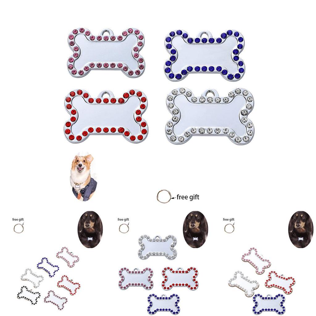 Pet Diamond Edge Dogs Tag Bone Shaped Anti Loss Jewelry Metal Pink Pendant Blue