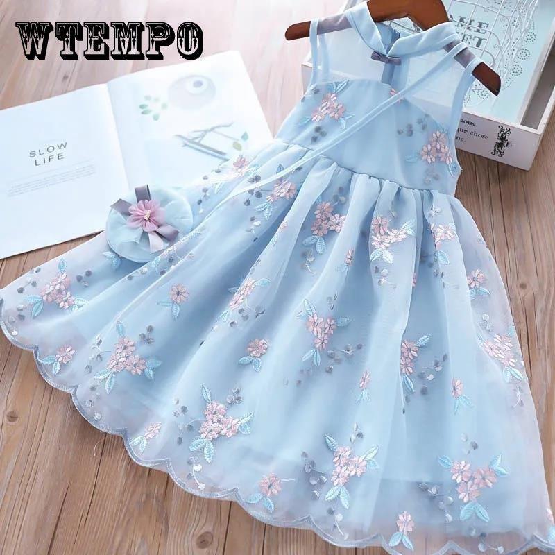 Платье трапециевидной формы для милых девочек с вышивкой, летнее платье, детская одежда, юбка принцессы для девочек, детский жилет, сетчатая юбка