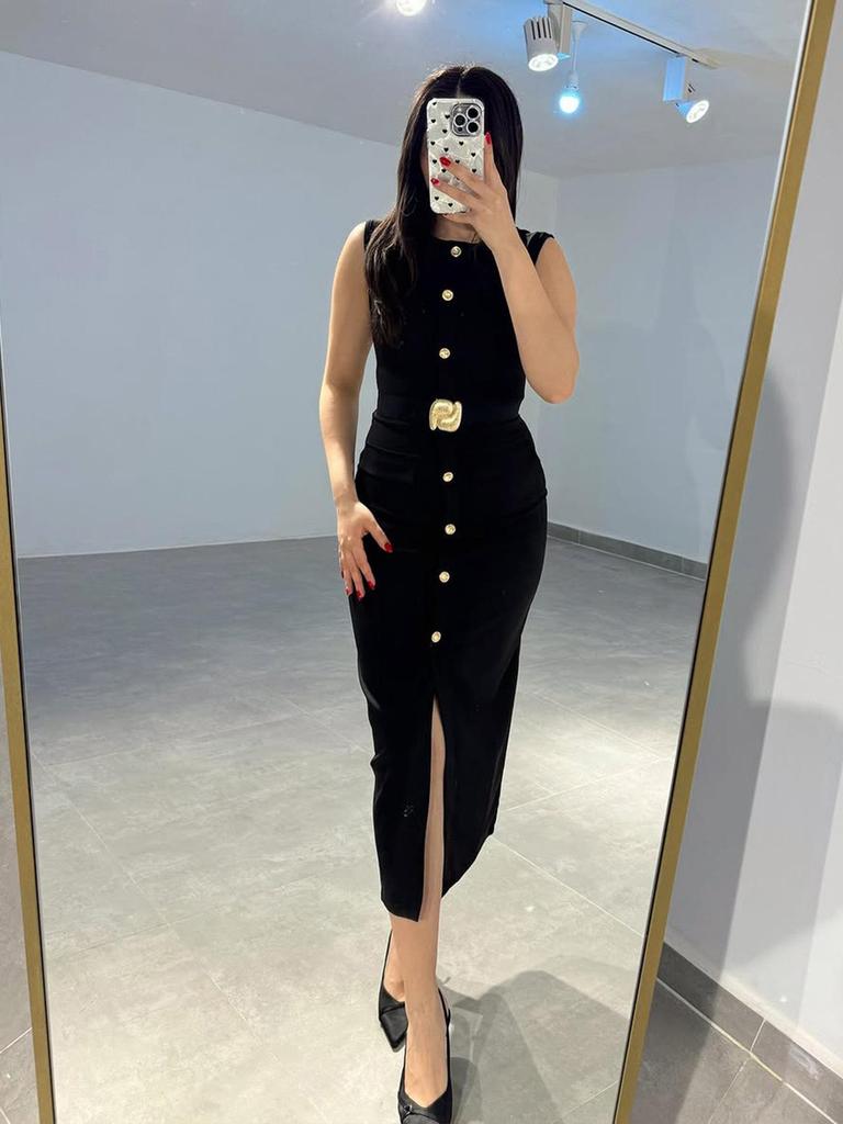Женское sleeveless midi платье в европейском и американском стиле с поясом - Сексуальный круглый вырез для весны