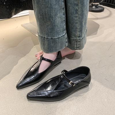 2025 Весна Осень Т-образный ремешок кожаные балетки женские острый носок ретро вырез джейны швейные балетки женские лолита большой размер