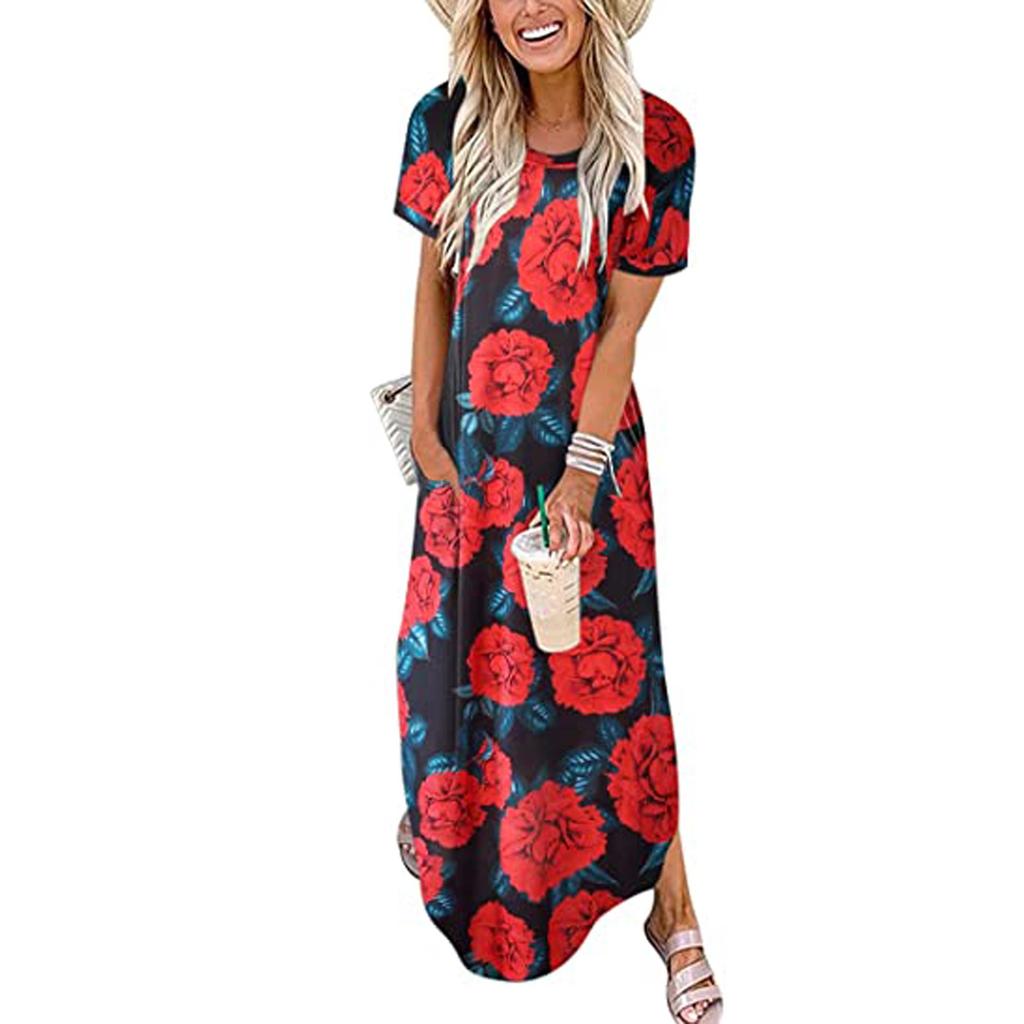 Women Casual Loose Solid Color Pocket Long Dress Sleeveless Split Maxi Dresses