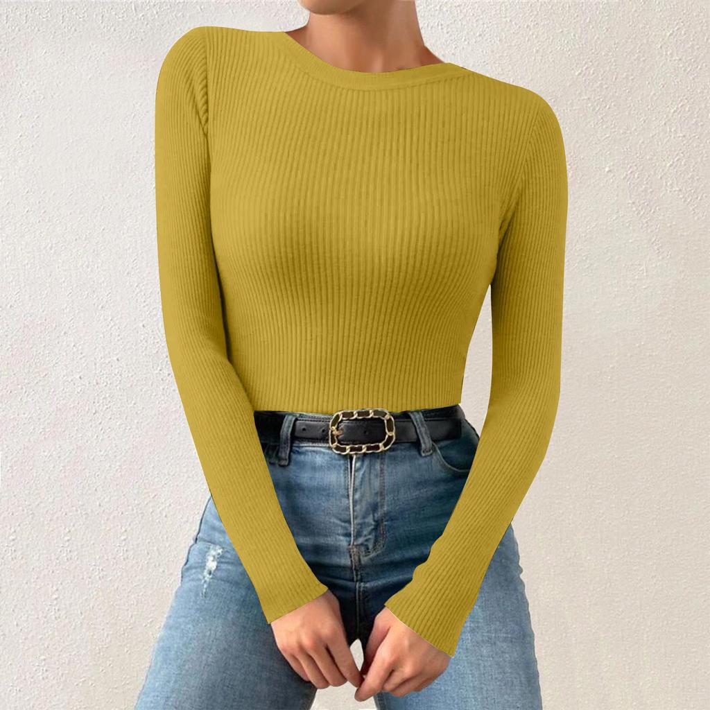 Женская однотонная футболка с круглым вырезом и вертикальными длинными рукавами