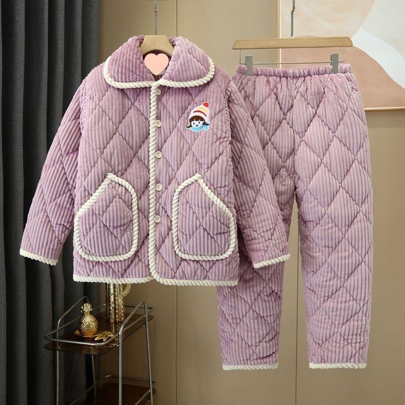 Утепленная пижама женская зимняя трехслойная коралловый флис с хлопковой подкладкой можно носить на улице, плюс милый комплект для дома