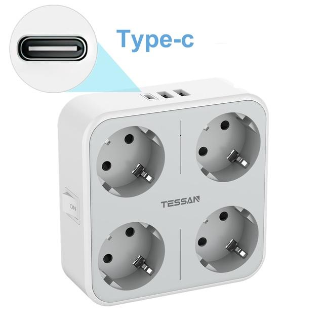 Tessan Europe USB Sockets Power Strip with 2/3 USB Ports 2/4 AC Outlets Wall Socket Adapter for Smartphone, Laptop, Camera
