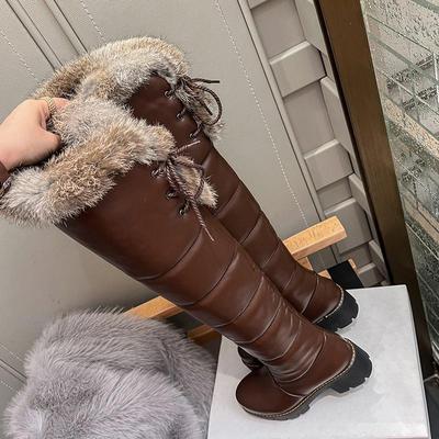 Женские длинные сапоги на высоком каблуке, новые зимние теплые зимние сапоги, большие плюшевые женские сапоги из однотонной кроличьей шерсти