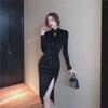 2023 Autumn Slim Black Velvet Cheongsam: Embossed, Hollow Pleated, Long-Sleeved Dress