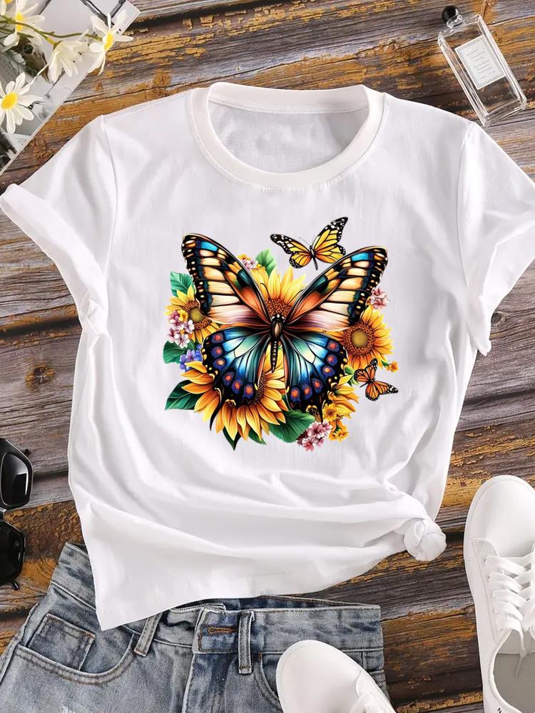 (Asian Size) Butterfly Trend 90s Women Tee Top Clothing Casual Print Lady Flower Fashion Short Sleeve T Shirt Female Graphic T-shirts