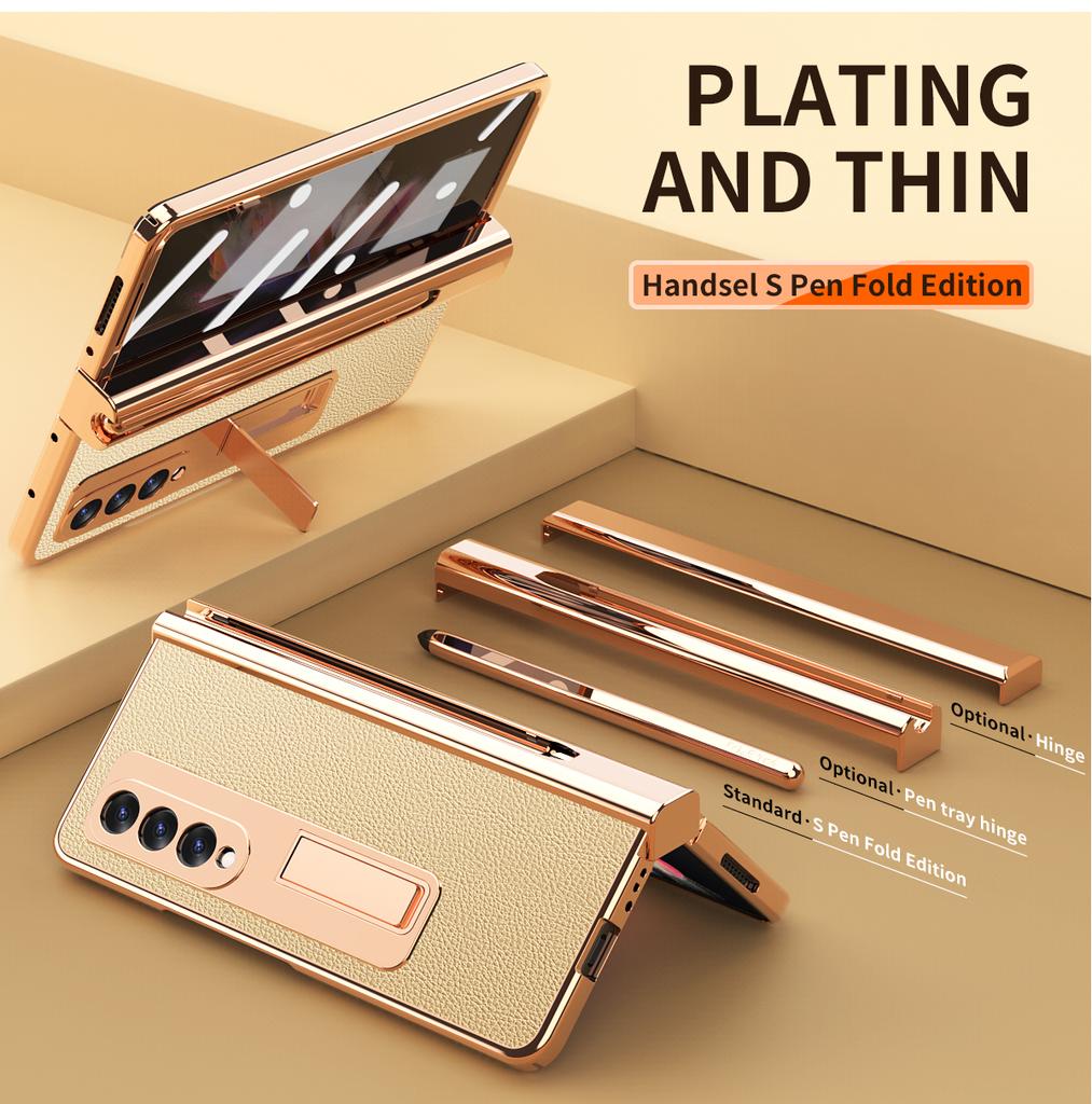 Plating Leather Case For Samsung Galaxy Z Fold 6 4 3 2 5 360 Full Protection Tempered Glass Kickstand Phone Cover