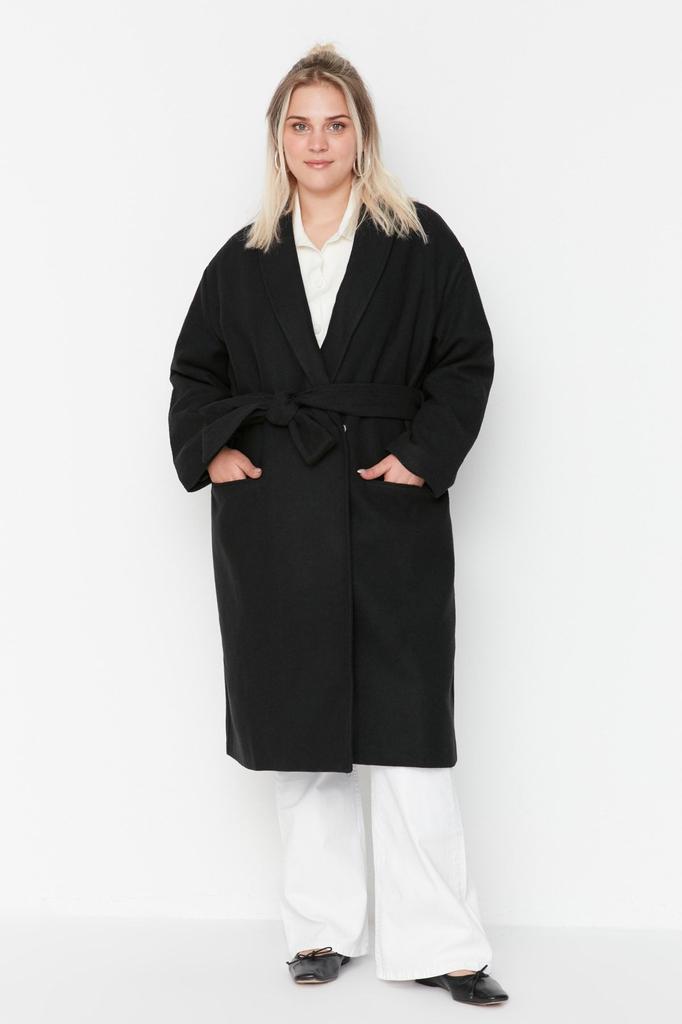 Women's Style Plus Size Black Belted Oversize Stitched Woven Coat