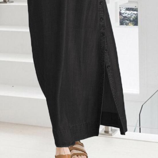 Женское джинсовое платье макси, повседневное платье с рукавами-подворотами и карманами, длинное платье больших размеров с пуговицами на лацканах и V-образным вырезом