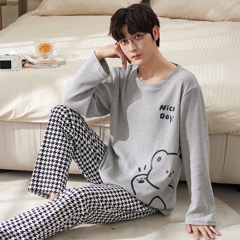 Мужская свободная вафельная пижама с рисунком из мультфильма - длинный рукав, чистый хлопок, большой размер