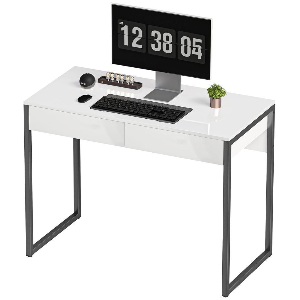 High Gloss Work Table, with Drawers - White