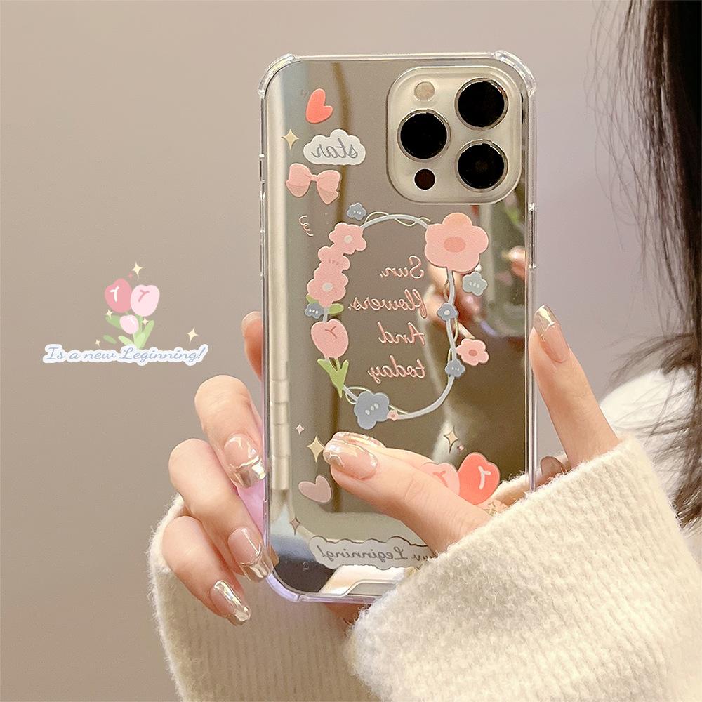Fresh Small Floral Iphone14 Apple Suitable for 16Promax Mobile Phone Case 15 Silicone 11 12 Makeup Mirror X