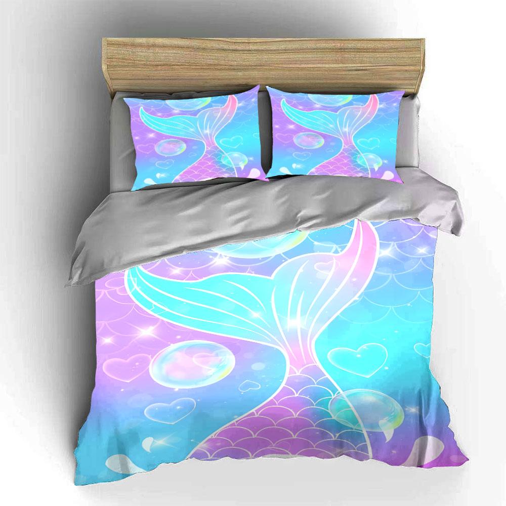 Pastel Gradient Mermaid Tail Bubble Heart Duvet Cover Set, Kawaii Girly Bedding Includes 1 Duvet Cover And 2 Pillowcase, Gift