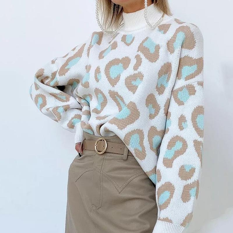 Зимние женские повседневные свитера с леопардовым принтом, базовые белые джемперы с воротником-стойкой, винтажные теплые вязаные пуловеры для женщин