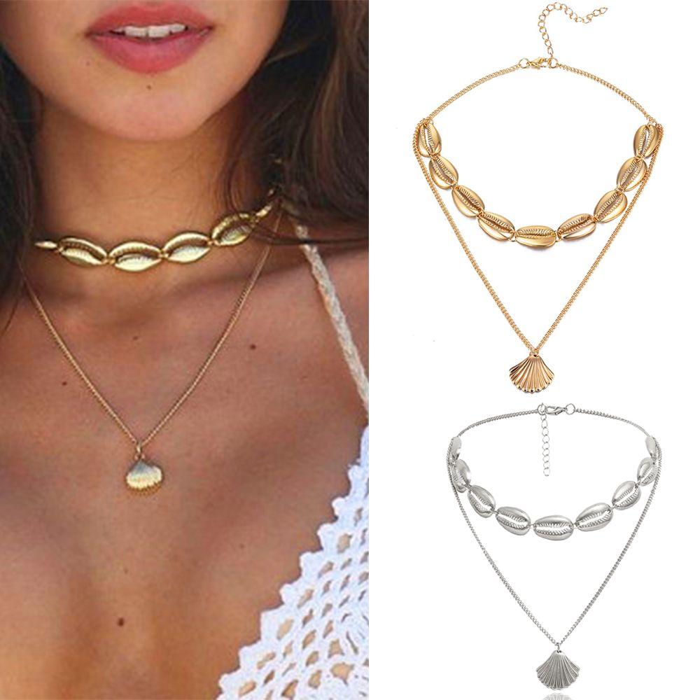 Golden Silver Chain Choker Multilayer Shell Necklace Bohemian Cowry Seashell Pendant Beach Jewelry
