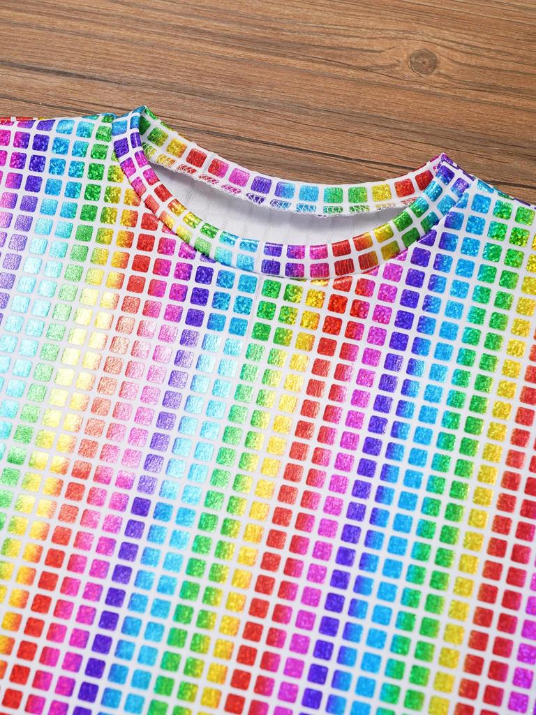 Мальчики Девочки Блестящая Клетчатая Футболка Унисекс Детские Футболки с Коротким Рукавом Топы Чирлидинг Уличные Танцы Хор Сценическое Выступление