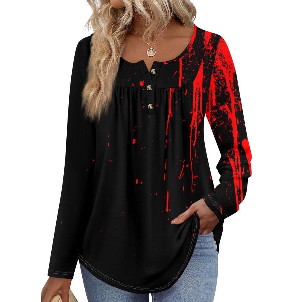 Женская туника с длинным рукавом, свободные топы, повседневные топы оверсайз, плиссированная туника, застегивающаяся на пуговицы, повседневные женские топы с принтом