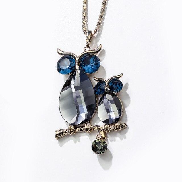New Crystal Double Owl Long Pendant Necklace Women Fashion Sweater Necklaces Jewelry Accessories