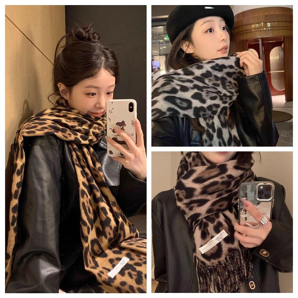 Сладкий Прохладный Шарф с Леопардовым Узором Ретро Шерстяная Шаль Элегантные Шарфы с Кисточками Мужской