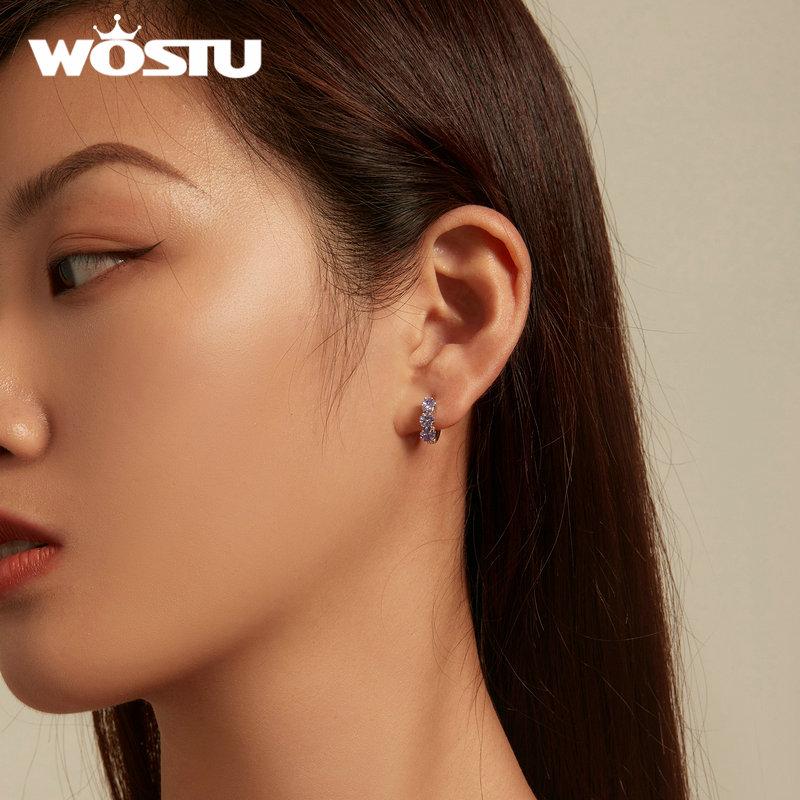 WOSTU 925 Sterling Silver Purple Zircon Stacked Star Ear Buckles Lavender Flower Hoop Earrings for Women Elegant Fine Jewelry