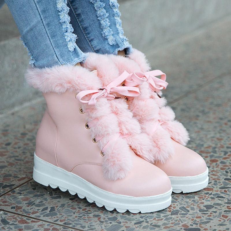 B5/Женские короткие сапоги, зимние длинные плюшевые теплые зимние ботинки, женская обувь оверсайз, высокий покатой каблук, женская обувь