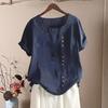 Women Summer T-shirt Round Neck Short Sleeve Buttons Decor Tee Shirt Solid Color Loose Fit Pullover Tops Daily Wear