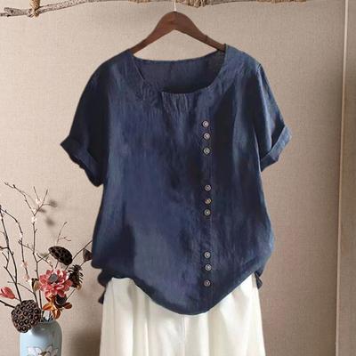 Женская летняя футболка с круглым вырезом, коротким рукавом, декорированная пуговицами, однотонная, свободного кроя, пуловер, для повседневной носки