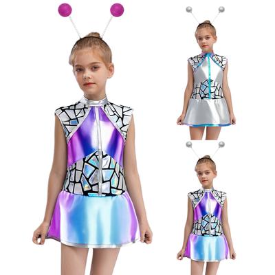 Детский костюм инопланетянки для девочек, блестящий металлический безрукавный на молнии сзади, платье с пайетками, подходящий ободок для волос с блестящим шаром, карнавальный костюм