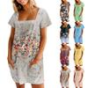 Женские летние повседневные платья с квадратным вырезом, плиссировкой спереди и карманом, с короткими рукавами и принтом
