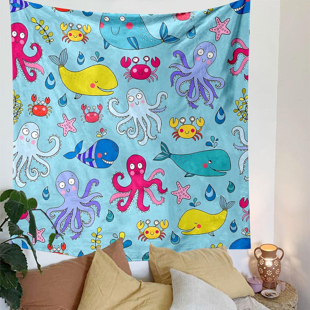 Colorful Underwater Animals Pattern Patterned Tapestry Decorative Wall Hanging, Home Bedroom Living Room Decor