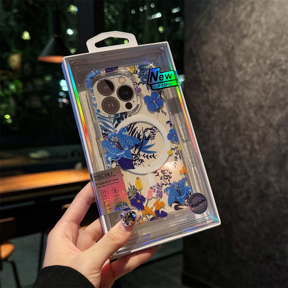Чехол для мобильного телефона Apple 16 с упаковкой, подходит для IPhone15, двухслойный печатный магнитный чехол Magsafe Floral 11/14