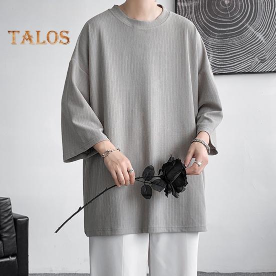 Men's Round Neck T-shirt Three-Quarter Length Sleeves Solid Color T-shirt Casual Style Loose Fit Tee Shirt for Street Travel Vacation