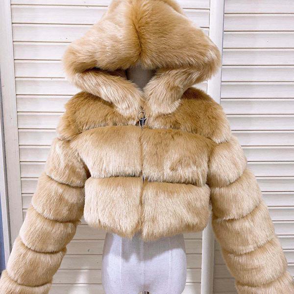 S-6XL Женская зимняя теплая короткая куртка с капюшоном из искусственного меха и длинными рукавами