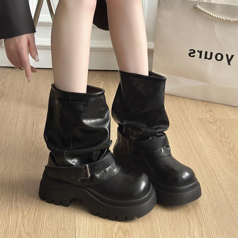 Small Inner Height Increase Martin Boots Women's Pleated Stacking Boots Retro Thick Heel Western Cow Black Versatile Soft Sole