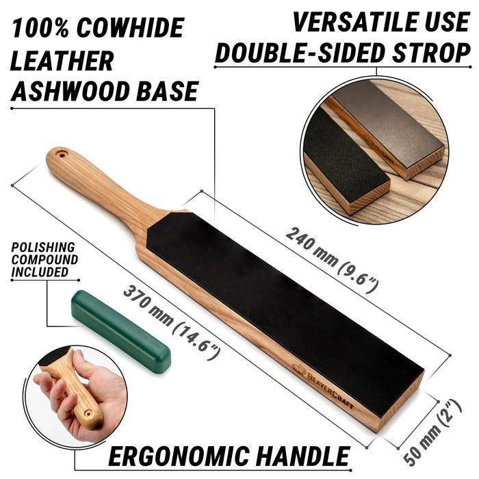 BeaverCraft LS6P1 Leather Strop Kit with Polishing Compound, Knife Sharpening Block, 35.5 cm (14.6" x 2") - Beige, Black, Green Gray