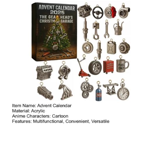Календарь Адвента для автолюбителей 2025 24-дневная коробка для отсчета до Рождества с акриловыми миниатюрными автозапчастями, инструментами, автомобильными праздничными подарками для автоэнтузиастов