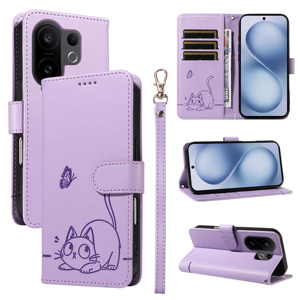 For vivo X200 FE 5G/vivo S30 Pro mini 5G Case Cat Pattern Imprint Leather Phone Cover with Wrist Strap