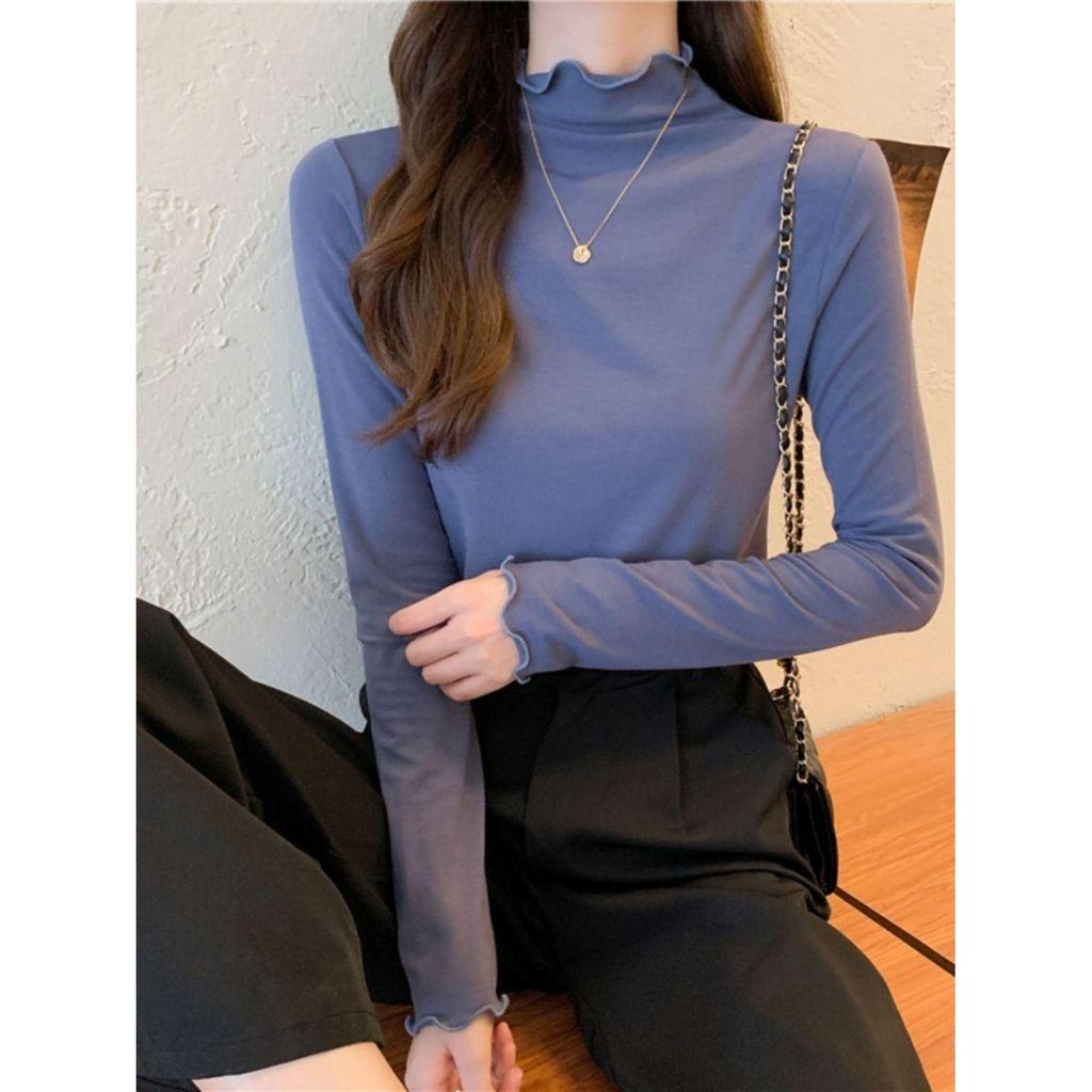Spring Autumn Winter Knitwear T Shirt For Women With Wood Ears Trim And Half High Neck In Soft Fabric