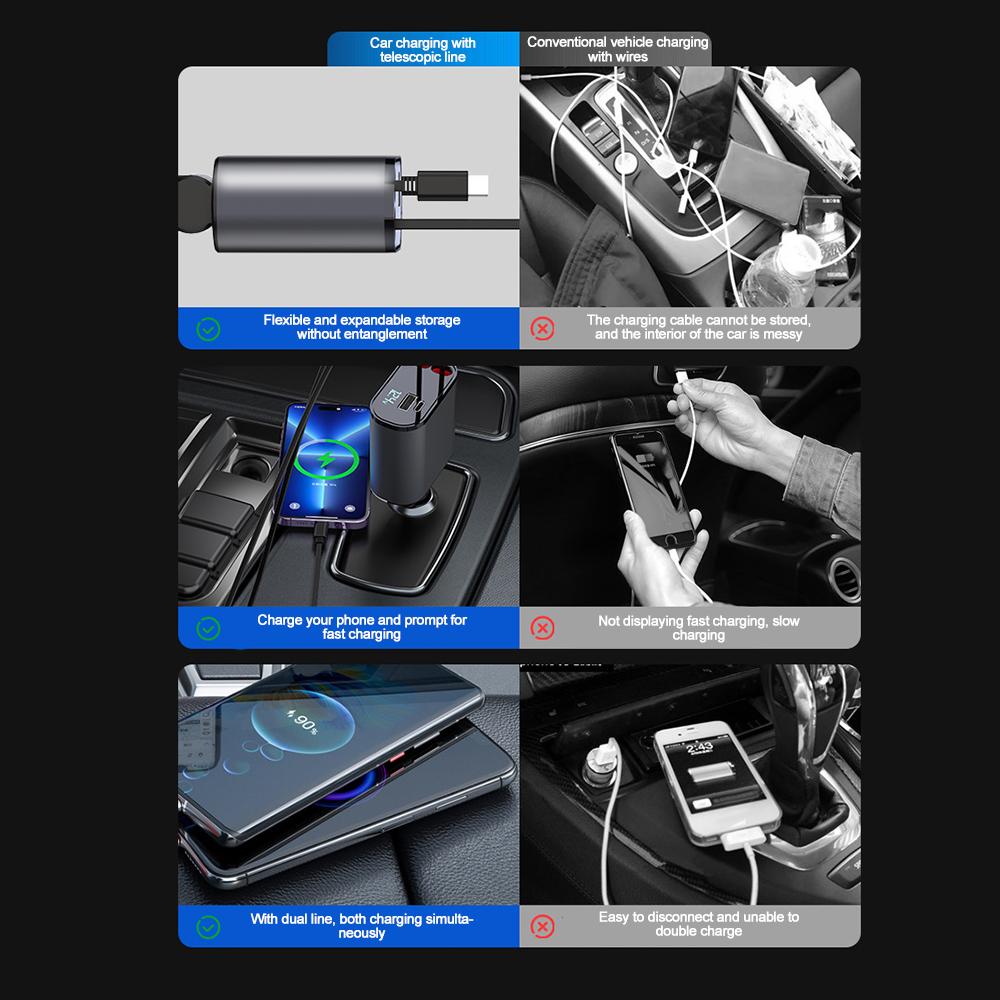 Выдвижное автомобильное зарядное устройство мощностью 100 Вт с USB-типом C, сверхбыстрая зарядка, зарядное устройство для iPhone, Huawei, Samsung с дисплеем напряжения