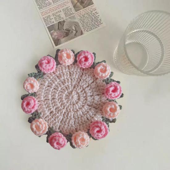 Подставка под стакан с розой ручной работы, вязаная крючком, цветочный букет, вязаные подставки, цветочный коврик для чашки, букет, подарок, декор для журнального столика