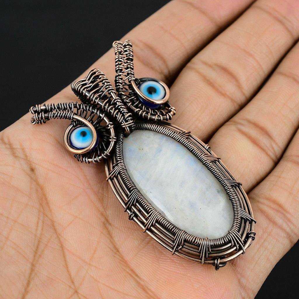 Rainbow Moonstone & Blue Evil Eye Pendant Gemstone Jewelry, 999 Copper Wire Wrapped Pendant, Handmade Beautiful Jewelry Pendant