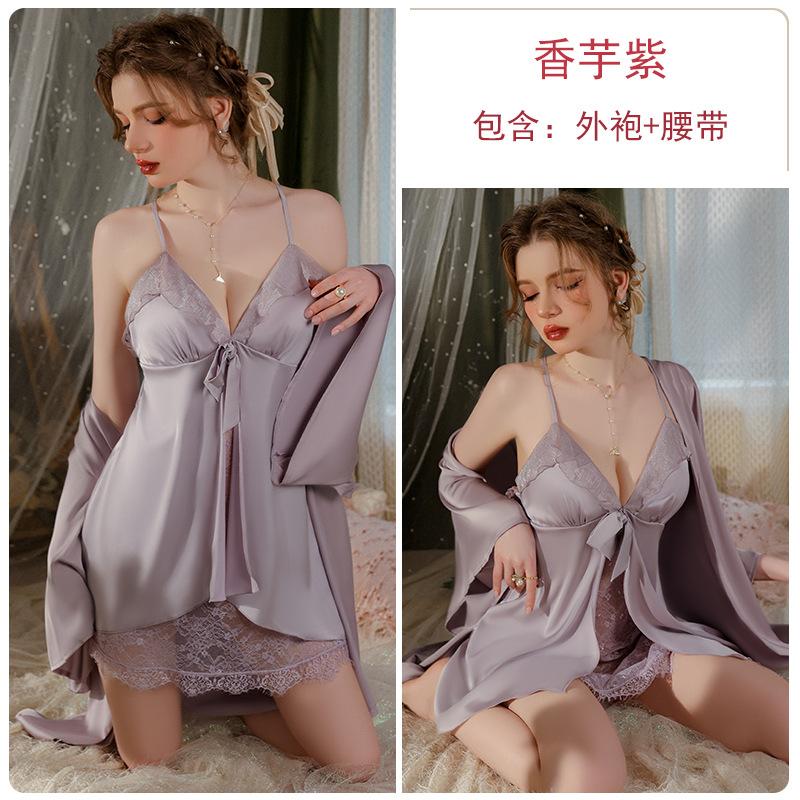 Women's Push Up Padded Backless Cami Sleep Dress with Robe for Summer