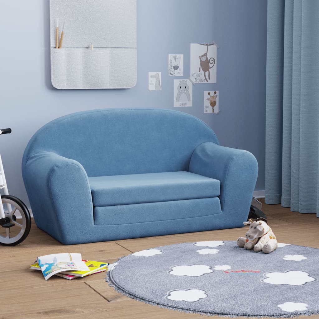 Vidaxl 2-Os. Sofa Dla Dzieci, Rozkładana, Niebieska, Miękki Plusz