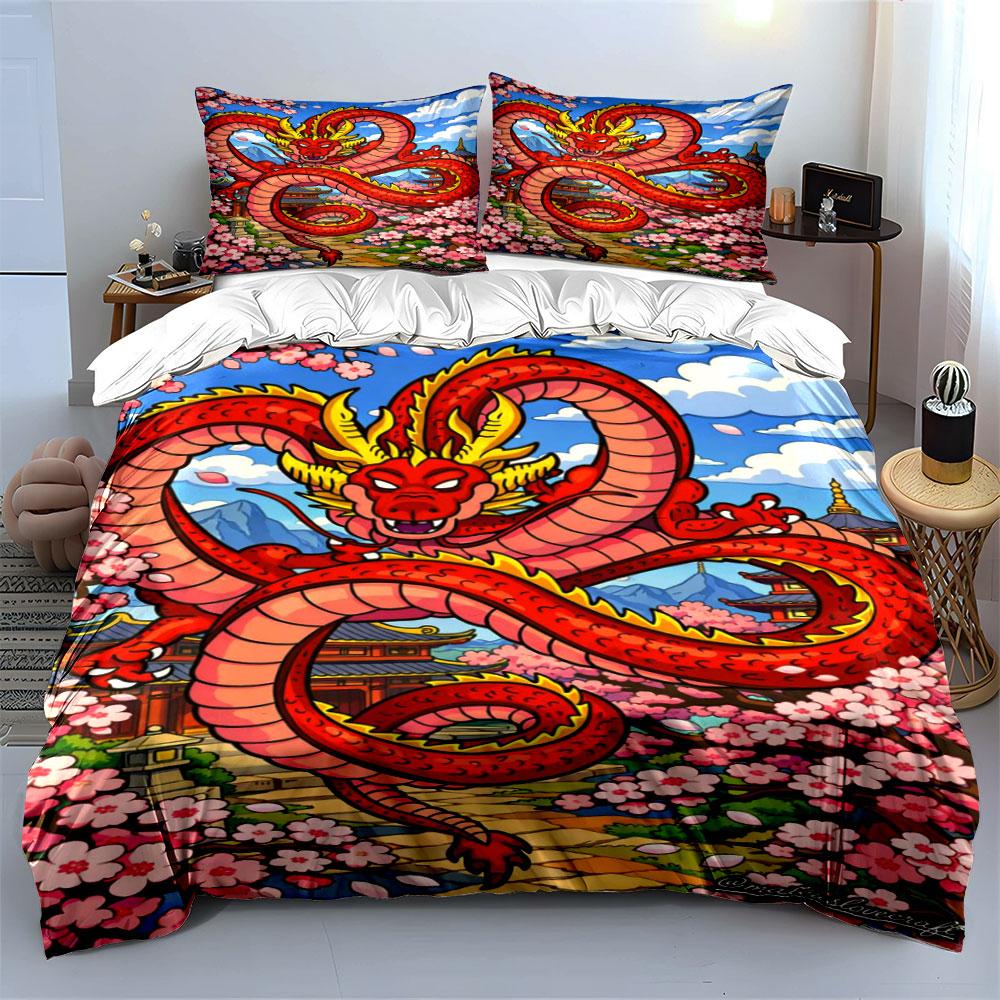 Red dragon with flowers. Bedding sets Duvet cover sets Duvet covers Pillowcases(1*Duvet Cover 2*Pillowcases without duvet insert)