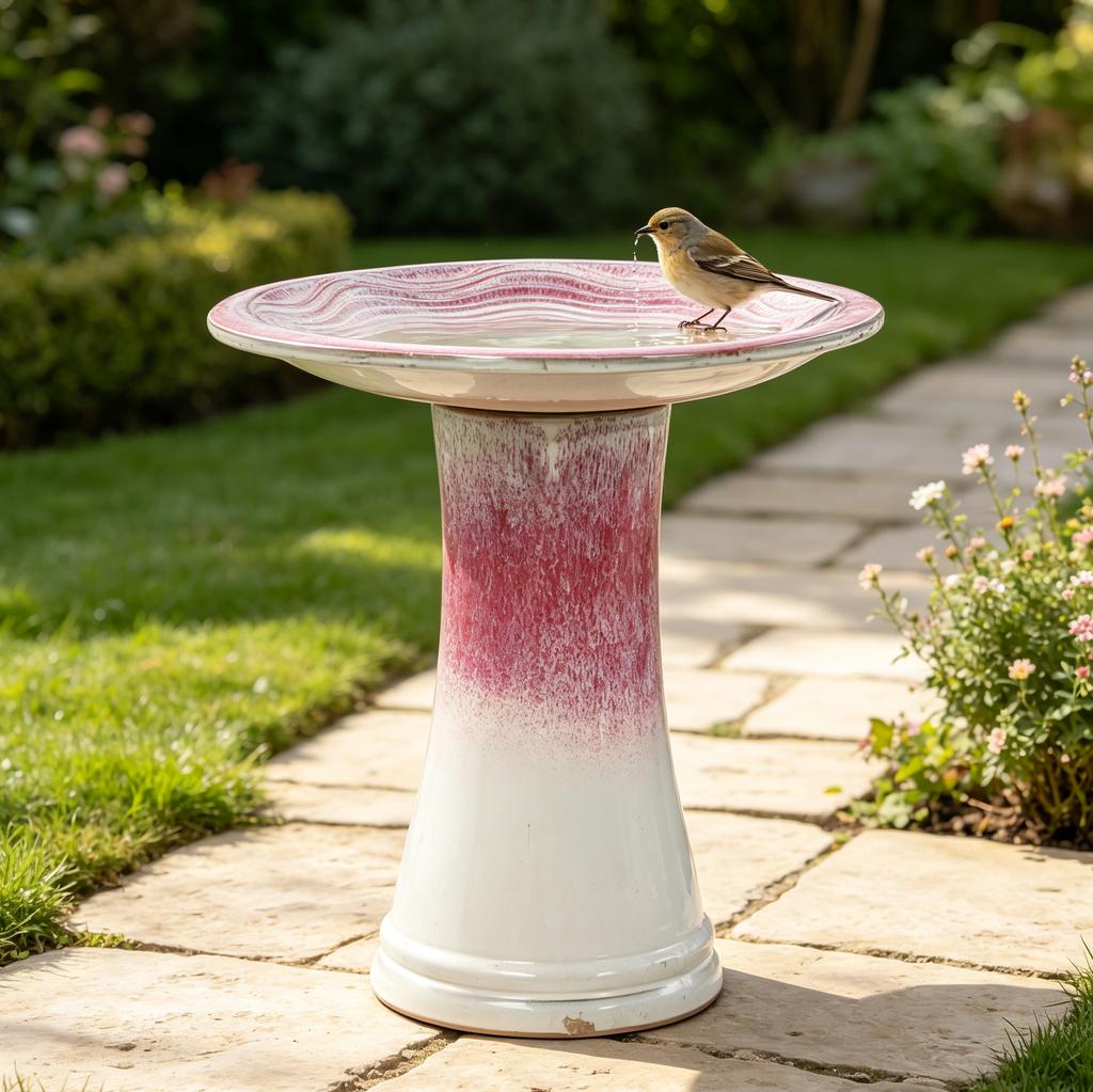 Handmade Ceramic Bird Bath (diameter 43 cm, Height 45 cm), White-Red-Pink Gradient Glaze with Wave Pattern, for Garden, Patio and Balcony