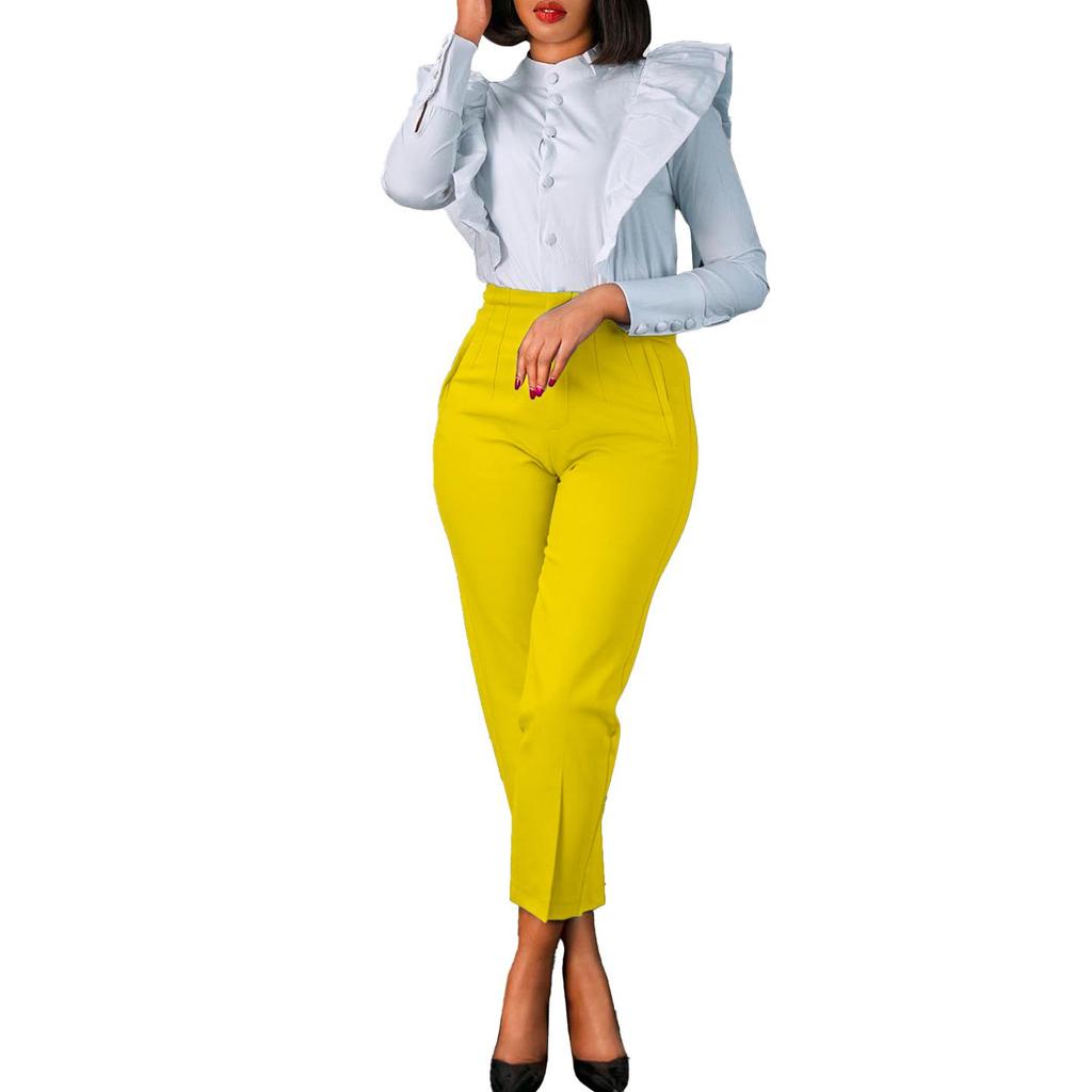 D423 Women's Chic High-Waist Slim Trousers - Solid Color European & American Style