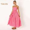Summer Women Dress Striped Print Sleeveless Backless Spaghetti Strap Hollow Out A-line Big Hem Ankle Length Vacation Beach Maxi Dress
